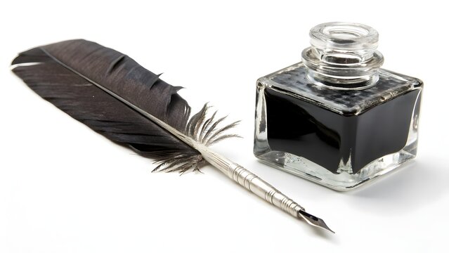 Feather quill pen rests beside a glass inkwell filled with dark calligraphy ink.