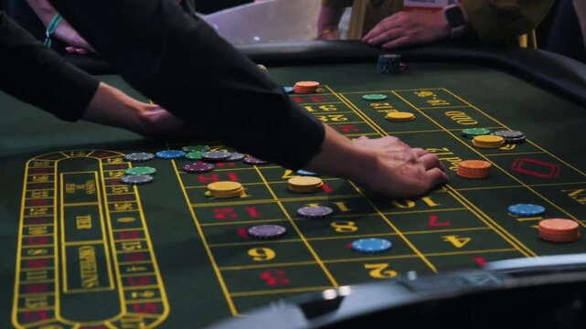 Hands place chips on numbered casino betting table with clear marker, scattered stacks, 