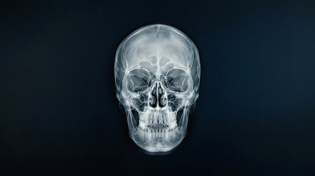 Frontal view of a human skull x-ray scan on a dark background.