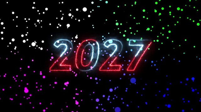 glowing neon pink and blue color new year 2027 number text icon animation season digit celebrate banner event wishes party anniversary on black 