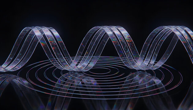 Abstract iridescent glass rings rippling with light dispersion and reflection on a black background