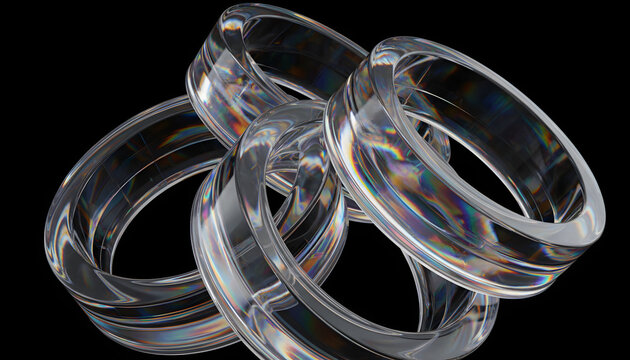 Abstract iridescent glass rings rippling with light dispersion and reflection on a black background