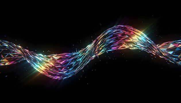 Black dark abstract background. Iridescent fluid glass wave. Prism shape 3D render. Smooth curve transition. Rainbow light flare. Bright glow shimmer. Neon metallic futuristic blur texture