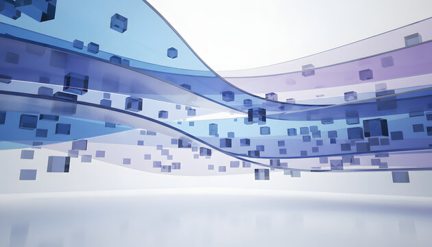 Modern futuristic composition with curved transparent blue and purple glass panels and floating small glass cubes on clean soft light background shows contemporary digital technology design concepts