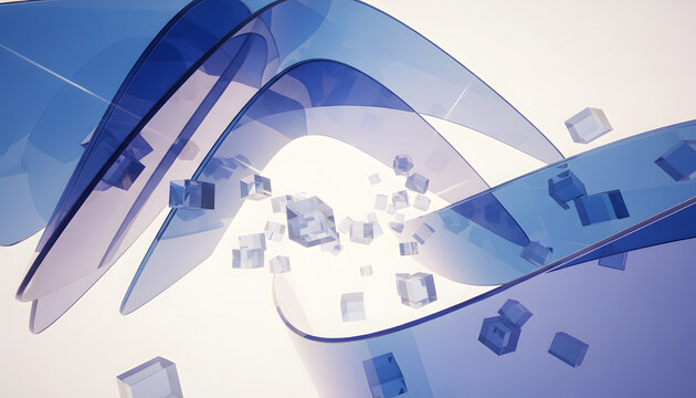Modern futuristic composition with curved transparent blue and purple glass panels and floating small glass cubes on clean soft light background shows contemporary digital technology design concepts