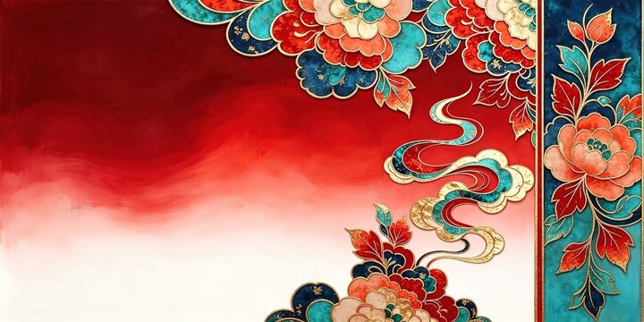 Red Cream Watercolor Corner Flowers Clouds Embroidery Border Elegant
