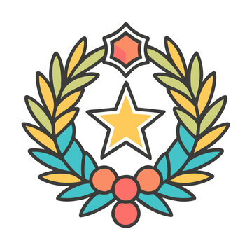 Buntes grafisches Symbol eines Lorbeerkranzes mit einem Stern und Beeren.
