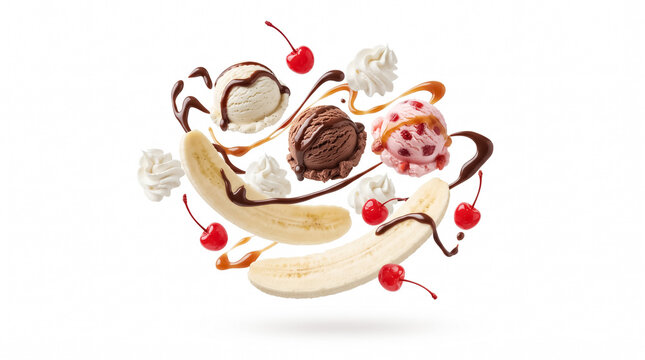 Flying banana split ingredients with ice cream scoops, cherries, and chocolate sauce drizzle isolated on white background