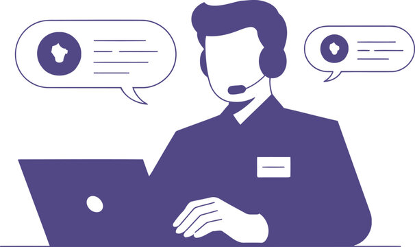 Purple line of a customer service agent wearing a headset and working on a laptop with chat bubbles support.
