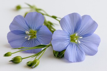 Obraz premium The blue flax flowers on white background with delicate petals and buds