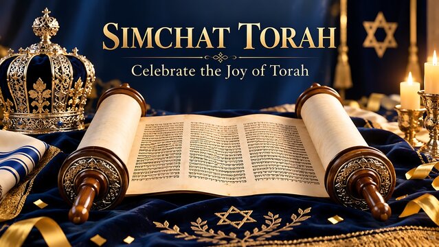 Simchat torah scroll and golden crown on blue velvet for religious celebration