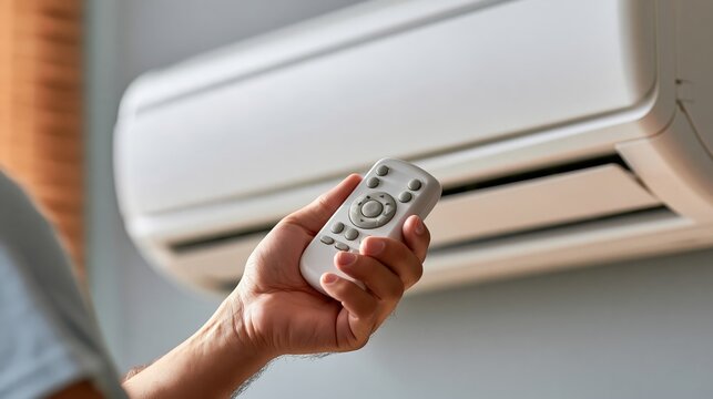 Person holding a remote control for an air conditioning unit mounted on a wall, with a light-colored wall and window blinds visible in the background