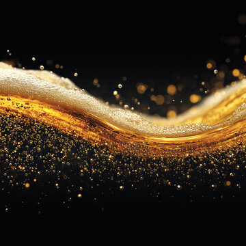 Golden foamy liquid splash and golden beer wave with frothy bubbles on dark background, concept of freshness, energy and vitality