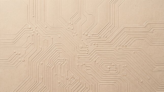 Abstract embossed circuit board pattern on light brown paper, a subtle background for technology and digital themes