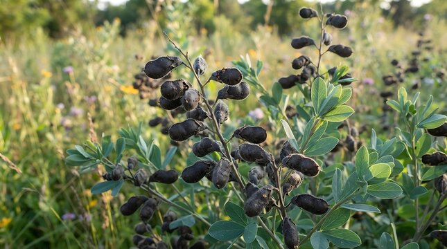 Close up view of baptisia tinctoria seed pods in a sunny meadow, showcasing the wild indigo plant foliage and natural prairie ecosystem in late summer bloom.