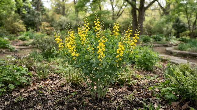 Vibrant yellow blooms of baptisia tinctoria wild indigo plant growing in a lush spring garden, showcasing perennial foliage and flowering stems outdoors