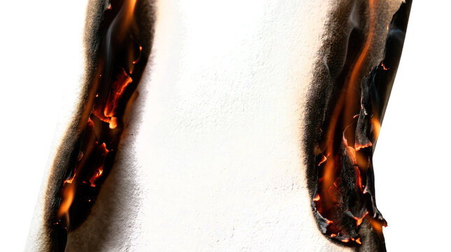 Burning white paper with glowing flames and charred edges isolated on transparent background