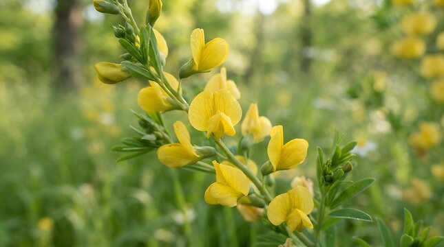 A close-up shot of blooming wild indigo baptisia tinctoria with bright yellow pea-like flowers and green foliage in a natural meadow during daytime in spring.