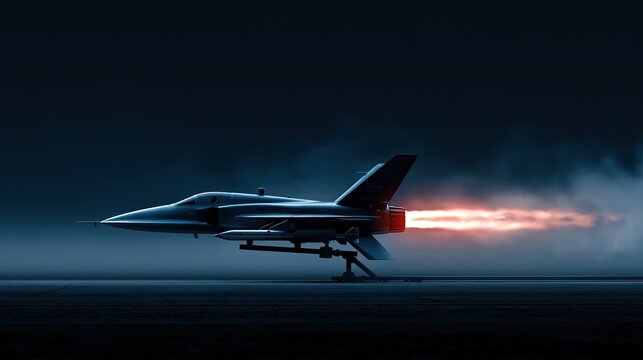 Modern Fighter Jet Accelerating on Runway with Fiery Exhaust Trail, Military Aviation Power
