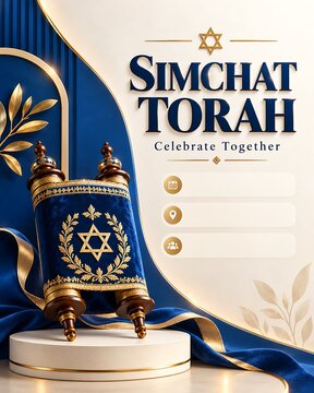 Elegant simchat torah scroll with blue velvet cover and gold embroidery on display