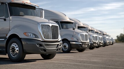 Obraz premium Fleet of silver semi-trucks parked in a sunny lot, ready for commercial transport and logistics
