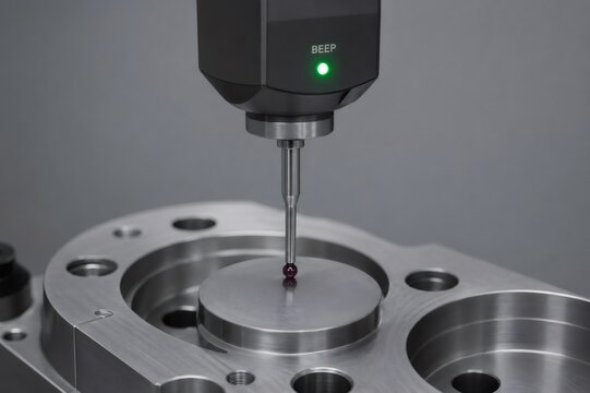 Coordinate measuring machine probe performing dimensional inspection on a machined metal part, ensuring high accuracy and manufacturing quality standards are met