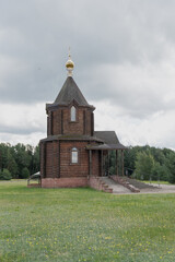 A wooden church with a golden dome stands in a grassy field under a cloudy sky. The structure features a traditional design and is surrounded by trees. © Татьяна Зернова