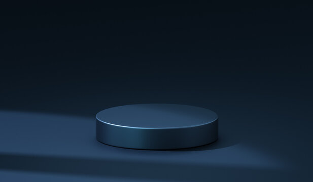 3D blue cylinder podium pedestal with stand platform for product display showcase mockup on abstract shadow background