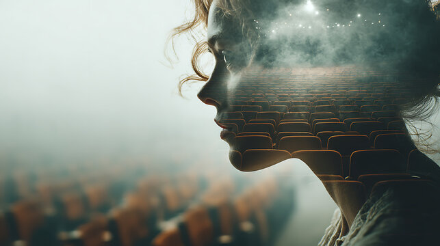 Mental health concept showing a woman immersed in an empty theater, symbolizing loneliness, social anxiety, isolation, emotional distance, introspection, vulnerability and inner emptiness