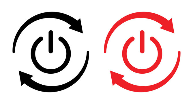 Set of black and red System restart and power button icons with circular refresh arrows