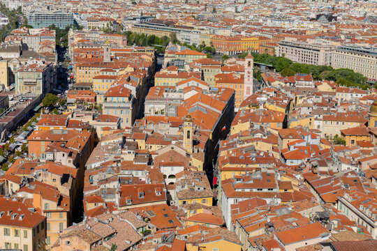 Aerial view of old town Nice with terracotta rooftops