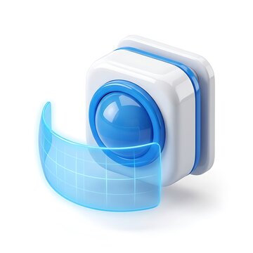3D glossy white and blue camera icon with digital holographic grid screen on white background