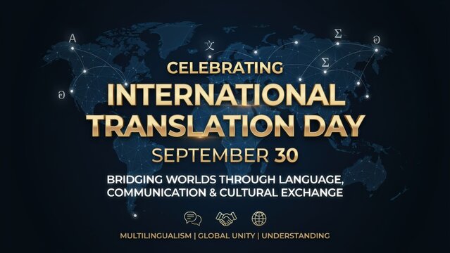 International Translation Day banner featuring glowing world map and typography for language and cultural exchange.