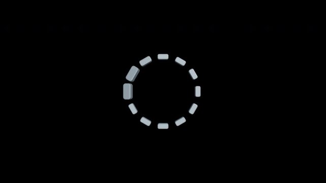 Minimal 3D geometric loading spinner featuring twelve rounded elements arranged in a precise circular formation with a smooth sequential loading wave. The clean procedural animation uses subtle scale