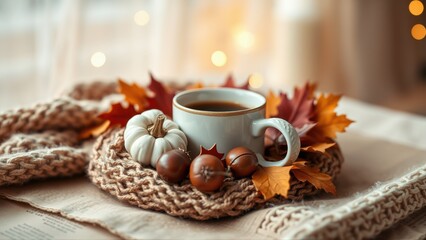 Fototapeta premium Cozy autumn scene. Coffee cup rests amid pumpkins, nuts, leaves. Warm lighting creates inviting atmosphere. Perfect fall vibes.
