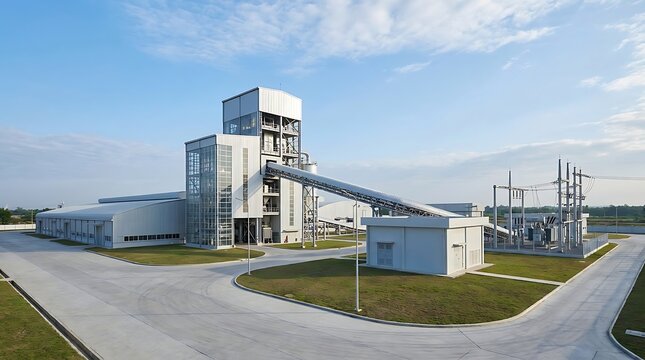 Modern industrial complex with contemporary architecture and advanced processing facilities under a clear blue sky, highlighting efficiency