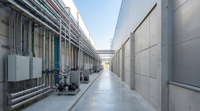 Modern industrial building exterior with a long concrete service corridor. Intricate pipes and utility systems line the wall, showcasing essential infrastructure and contemporary design