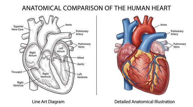 Anatomical comparison human heart line detailed side by side anatomy diagram
