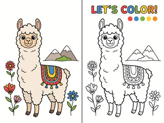 Educational Cute llama coloring page with flowers and mountain © crafthubbd