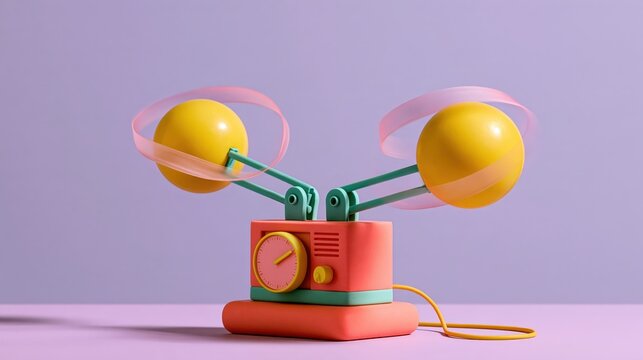 Two rounded bright weights swinging out from a small clay governor machine with subtle texture and a considered neutral palette