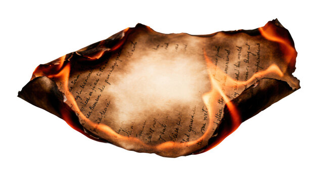 Burning old vintage paper with handwriting isolated on transparent background