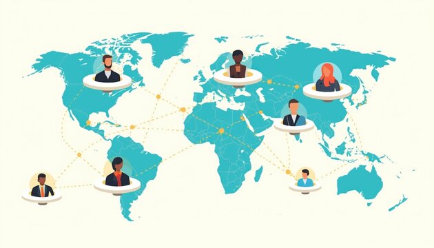 A diverse group of people connected globally through a network