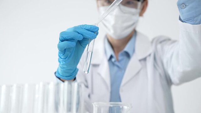Scientist in protective gear performing a critical laboratory experiment, carefully transferring liquid with a pipette into a test tube during medical research and development
