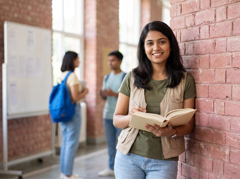 Young Indian Female College Student Reading Book on Campus