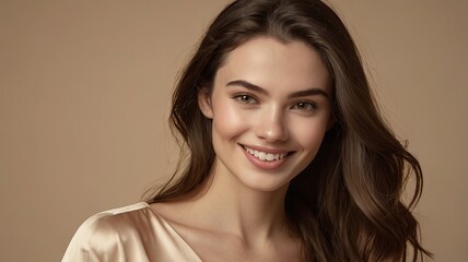 Fototapeta premium Brunette model in an elegant champagne silk top smiles warmly while posing in a studio.