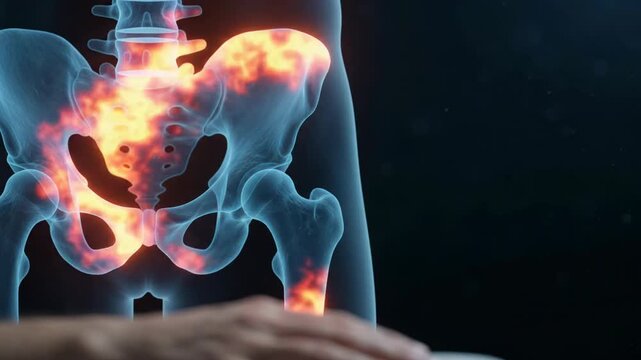3D medical animation of a human pelvis with a glowing red highlight indicating hip joint pain and inflammation.