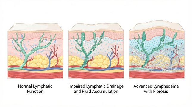Normal lymphatic function and stages of lymphedema with fluid accumulation and fibrosis in a medical context.