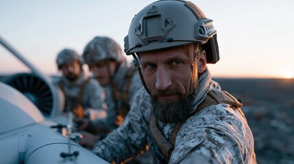 Obraz premium Intense Close-Up of Determined Soldier in Tactical Gear with Teammates and Aircraft at Sunrise