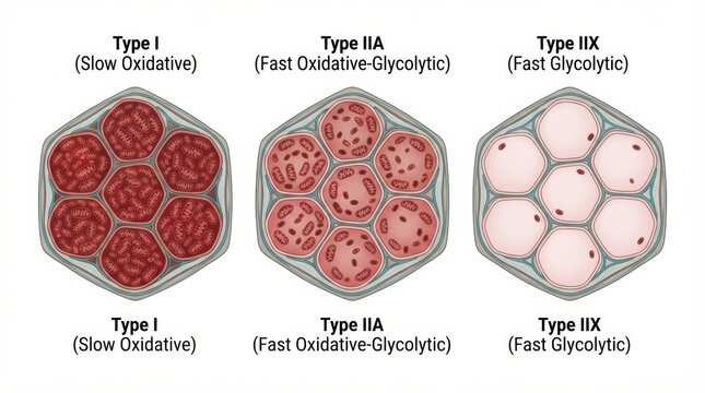 Different types of muscle fibers are shown, illustrating type I, type IIA, and type IIX with actin and myosin structures.