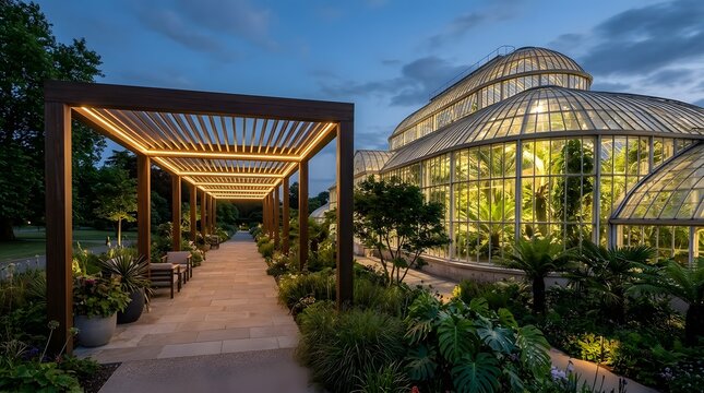 Pergola combined with recessed LED slat lighting extending beside an expansive botanical conservatory featuring exotic plant collections beneath soaring glazed structures, refined evening ambience sha